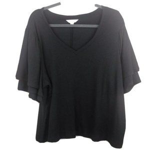 TERRA & SKY BLACK Double Layer Short Bell Sleeve V-Neck Stretch Knit Top Size 2X